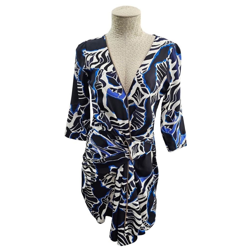 Emilio Pucci Abstract Print Ruched V-Neck Dress Womens Blue Black White Italian